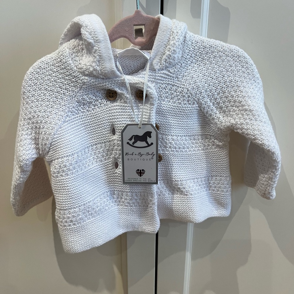 Rock a bye baby White Knit Baby Sweater with Hood 0-3m
